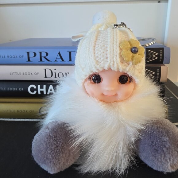 Cute Smiling Fur Baby Keychain with LOVE tag, Plush rabbit fur, Bag Charm - Picture 5 of 5